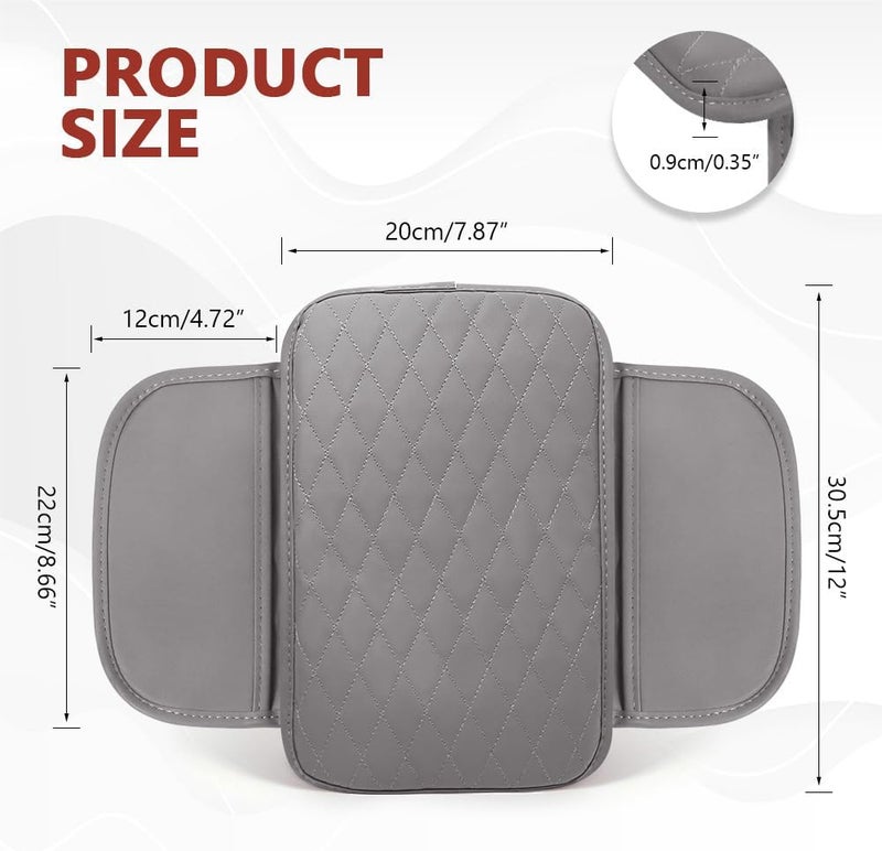 ongfuwu Car Center Console Cover, 12"×7.87" Waterproof Leather Auto Armrest Cover Protector with 2 Pocket, Comfortable Arm Rest Box Cushion Pad, Universal Interior Car Accessories (Gray) - Image 2